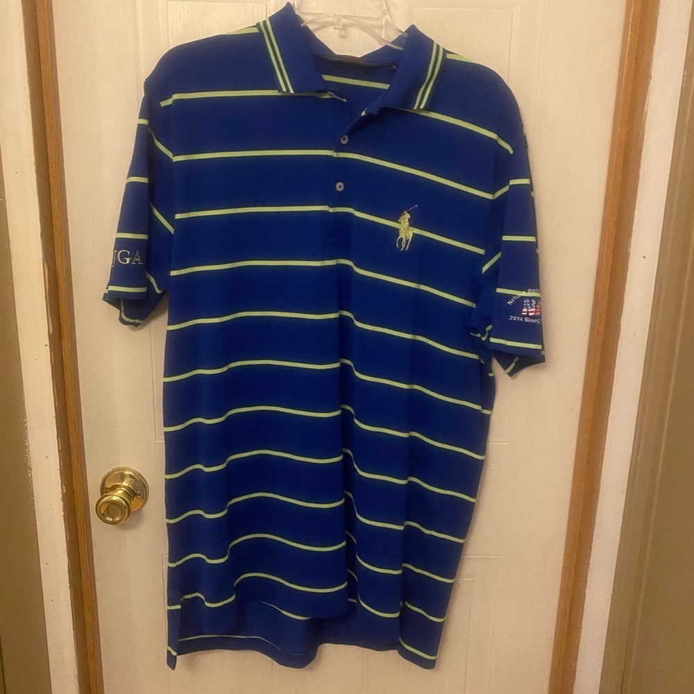 Ralph Lauren Men's Blue and Green Striped Performance Polo Shirt L